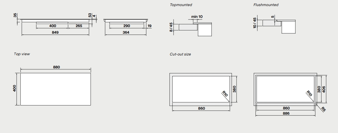 Схема встраивания для варочной панели Falmec PIANO INDUZIONE (88 х 40) Panoramic