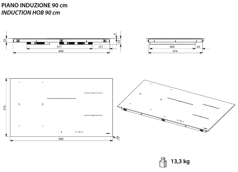 Схема встраивания для варочной панели Falmec PIANO INDUZIONE BLACK MATT (90 х 51)